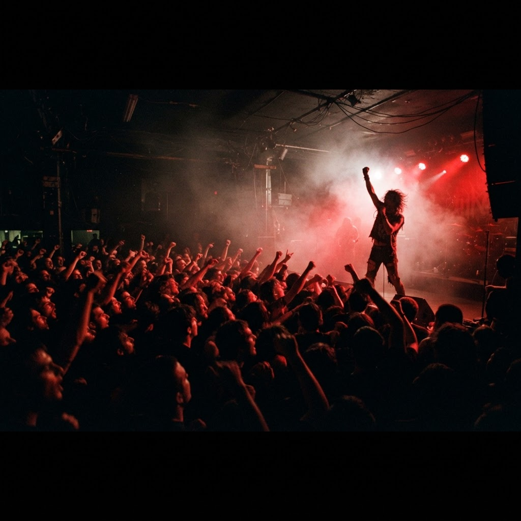 A defiant crowd and performer under intense red stage lighting